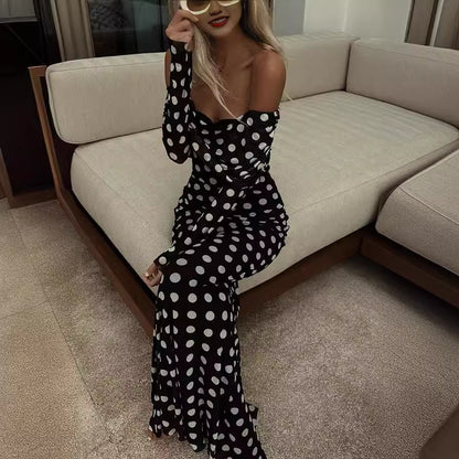 Spring Summer Gauze Polka Dot Stitching off Shoulder Sexy Slim Dress for Women - Wanita Store