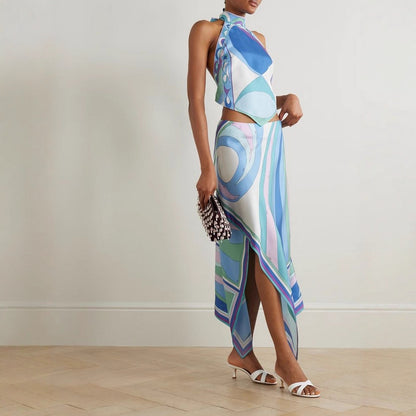 Summer Sexy Positioning Printing Satin Backless Top Irregular Asymmetric Skirt Two Piece Set - Wanita Store