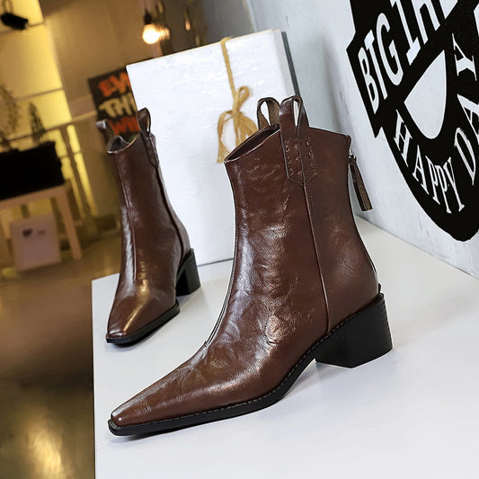 Retro Grip Pattern Winter Boots Women Boots Chunky Heel Pointed Toe Knight Boots Bootie