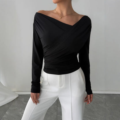 Autumn Winter Solid Color Shoulder Collar Shoulder Baring Slimming Long Sleeve All Match Office Top - Wanita Store