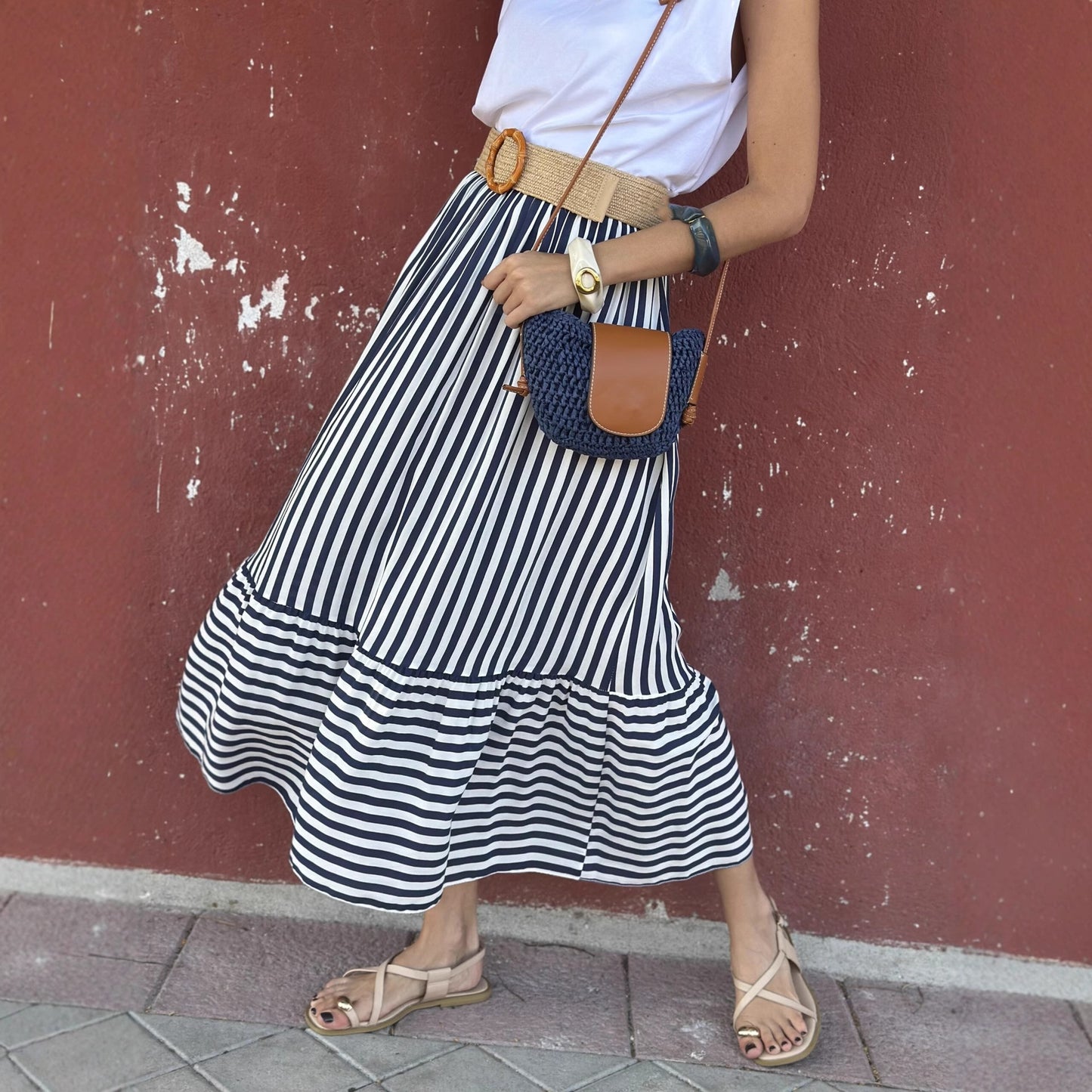 Summer Holiday Elastic Waist Horizontal Vertical Stripes Long Patchwork Big Hem Skirt Women