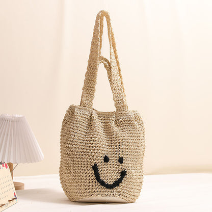 Casual Smiley Face One Shoulder Cotton Thread Woven Bag Fresh Portable Office Straw Bag Seaside Vacation Beach Bag - Wanita Store
