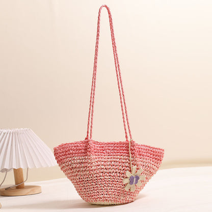 Fresh Floral Straw Bag Niche Gradient Color Straw Bag Woven Bag Vacation Beach Bag Shoulder Bag - Wanita Store