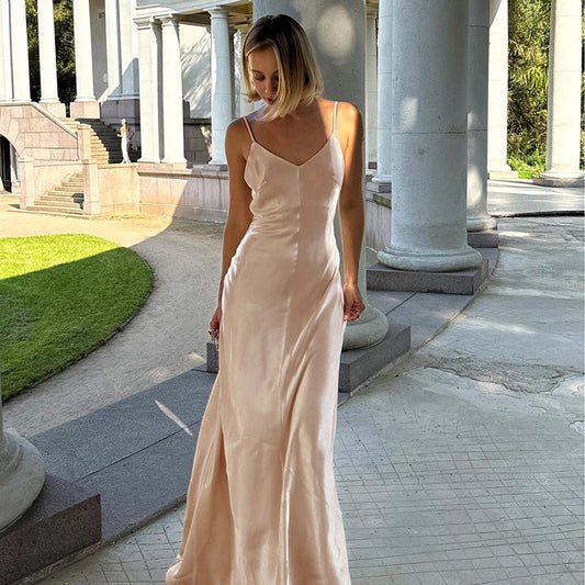 Fall Maxi Dress Socialite Sexy V neck Backless Satin Strap Dress