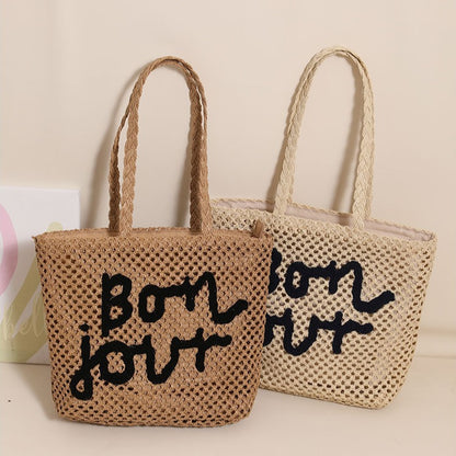 Letter Graphic Embroidery Woven Bag All Match Shoulder Hollow Out Cutout Straw Bag Vacation Beach Bag Women Bag - Wanita Store