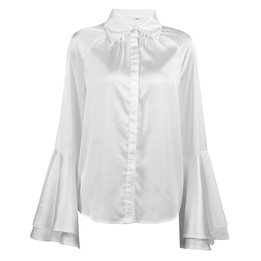 Spring Arrival Palace French Flared Sleeves Long Sleeves Satin Elegant White Office Shirt - Wanita Store