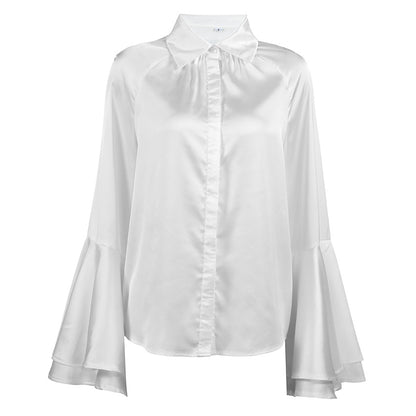 Spring Arrival Palace French Flared Sleeves Long Sleeves Satin Elegant White Office Shirt - Wanita Store