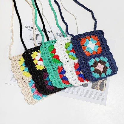 Handmade Knitting Wool Crochet Internet Celebrity Ethnic Mobile Phone Bag Mixed Color Random One-Piece Crossbody Bag - Wanita Store