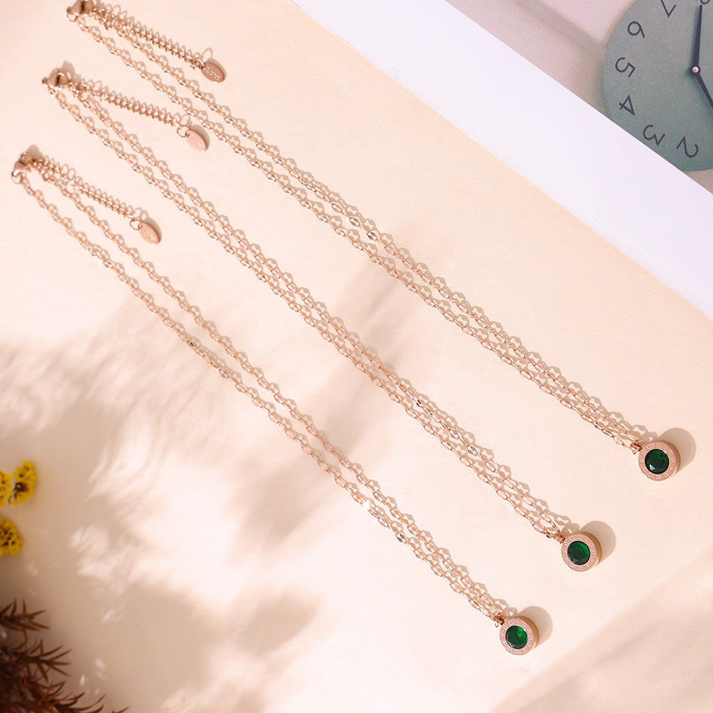 Rose Gold Roman Emerald round Glass Stone Embellished Necklace Women Retro Affordable Luxury Feeling Titanium Steel Clavicle Chain - Wanita Store