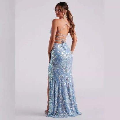 Sexy off Neck Sequined Floor Evening Dress Elegant Slit Cocktail Dress (3 Colors) - Wanita Store