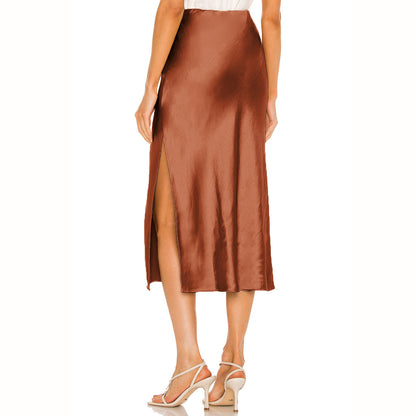 Satin Skirt Elastic High Waist Solid Color Slit Midi Skirt Women Clothing - Wanita Store