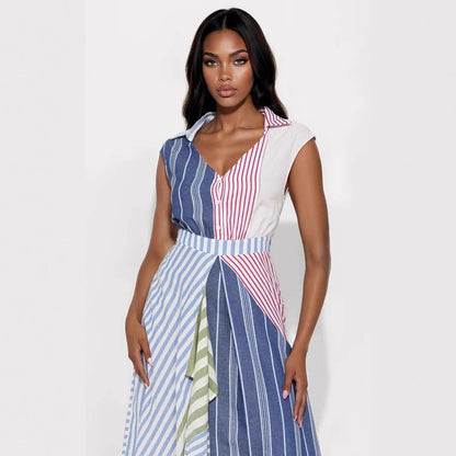 Women Clothes Cool Contrast Color Patchwork Stripes V neck Dress Irregular Asymmetric Cinched A line Dress - Wanita Store