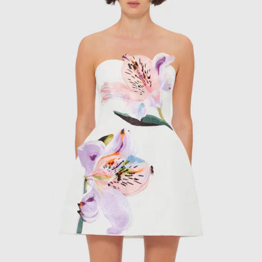 Sweet Tube Top Short Dress Niche Anti Aging Printed Design Sleeveless Waist A line Dress