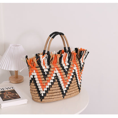 Color Matching Loose Edge Straw Bag Loose Edge Portable Color Matching Woven Bag Seaside Vacation Beach Bag Women Bag - Wanita Store