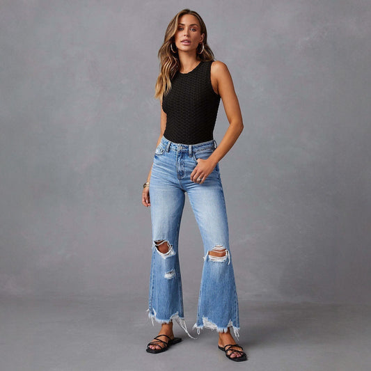 Ripped Tassel Washed Wide Leg Women Jeans