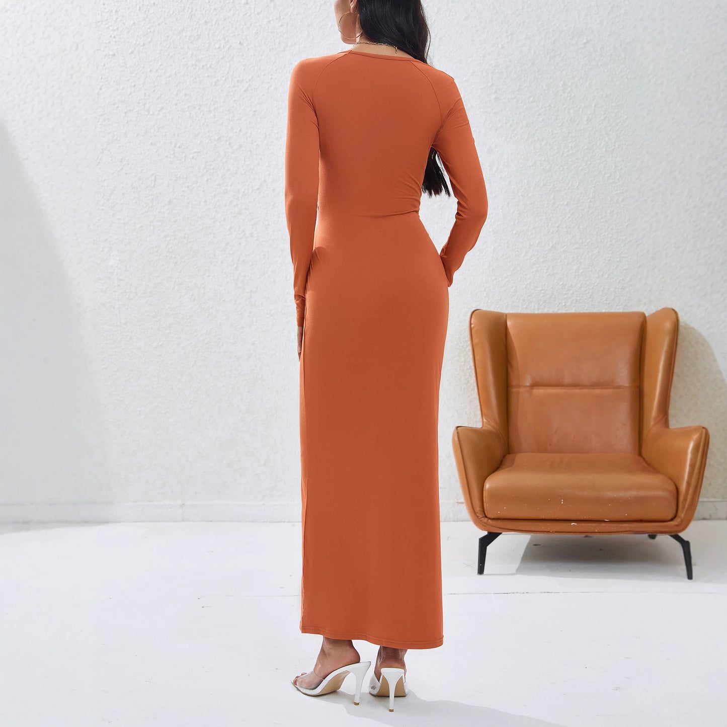 Twist Long Sleeved Dress round Neck Hollow Out Cutout Design Slim Slimming Sexy Dress