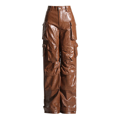 Unique Design Trousers Autumn High Waist Large Pocket Faux Leather Straight Leg Pants Profile Women - Wanita Store