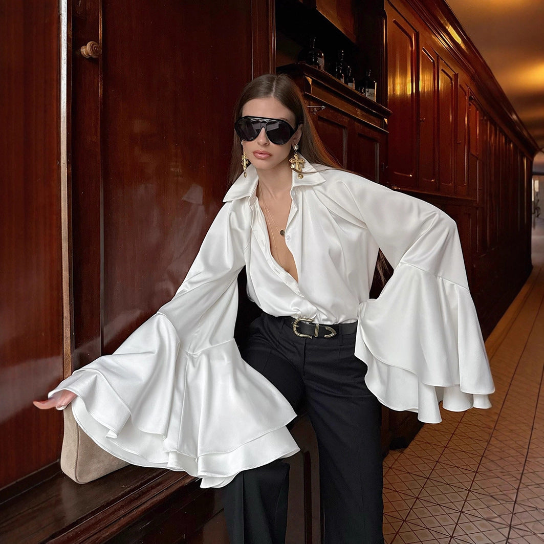 Spring Arrival Palace French Flared Sleeves Long Sleeves Satin Elegant White Office Shirt - Wanita Store