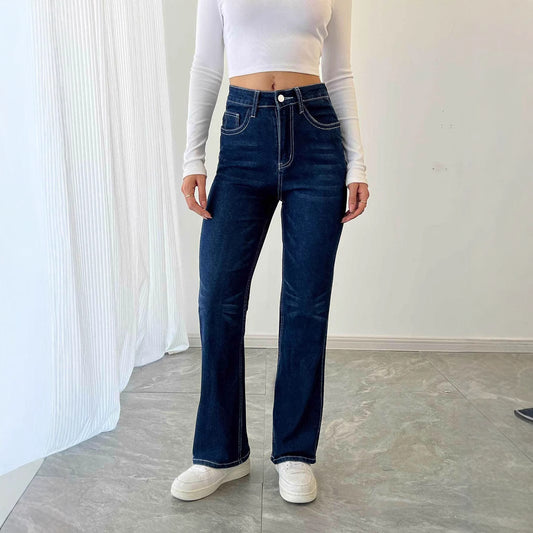 Casual Straight Leg Simple Comfortable Stretch Embroidery Jeans Women