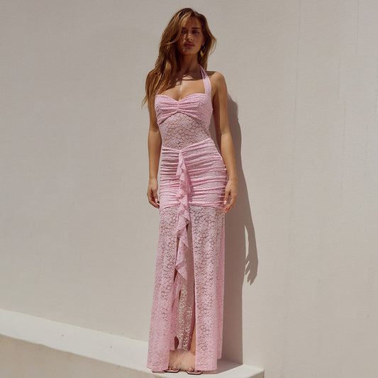 Summer Elegant Halter Lace Maxi Dress Sexy Sleeveless Backless Slim Fit Dress Women