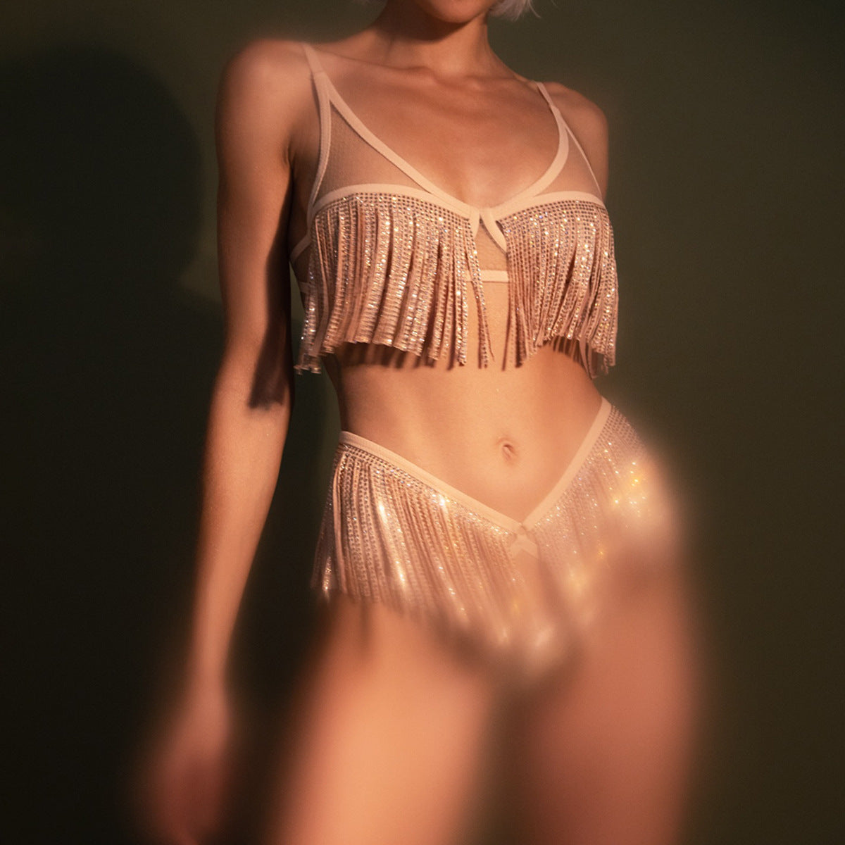 Sexy Sequin Tassel Hollow Out Cutout out Stitching Sheer Mesh Backless Bra Split Set