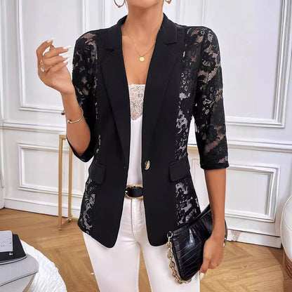 Autumn Winter Elegant Solid Color Lace Stitching Small Blazer Women Top - Wanita Store