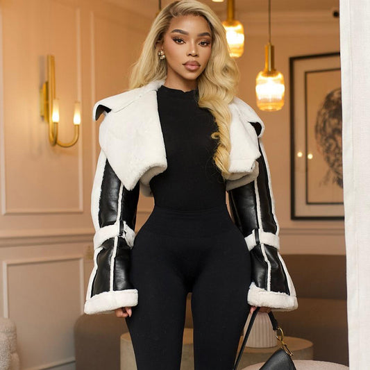 Women Clothing Street Faux Leather Stitching Short Fur Collar Cropped Coat