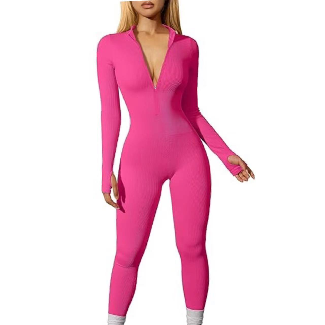 Women Sports Jumpsuit Workout Ribbed Long Sleeve Zipper Casual Jumpsuit Trousers Tight - Wanita Store