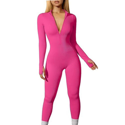 Women Sports Jumpsuit Workout Ribbed Long Sleeve Zipper Casual Jumpsuit Trousers Tight - Wanita Store