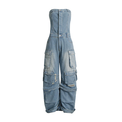 Summer Multi Pocket Ripped Waist Slimming Sexy Tube Top Tooling Denim Jumpsuit Women - Wanita Store