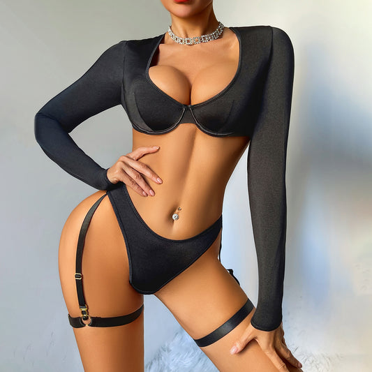 Sexy Solid Color Low Neck Long Sleeve Hollow Out Cutout Backless Body Shaping Sexy Underwear Split Three Piece Sets