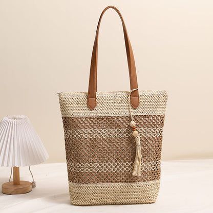 Tassel Shoulder Straw Bag Striped Hollow Out Cutout Straw Bag Woven Bag Vacation Beach Bag - Wanita Store