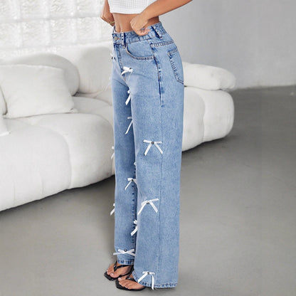 Bow Ribbon Women' Four Seasons Women Wide Leg Denim Trousers - Wanita Store