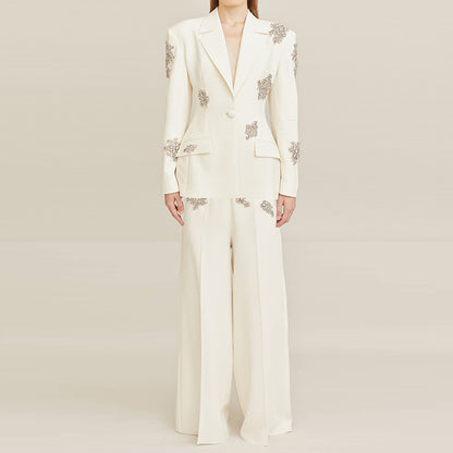 Heavy Industry Beads Diamond Embedded One Button Blazer Wide Leg Pants Suit Two Pieces - Wanita Store