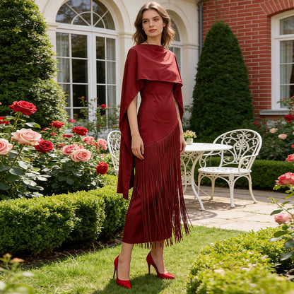 Vestido de primavera elegante, retro, con diseño de chal de falda larga con efecto de dos piezas y borlas para mujer
