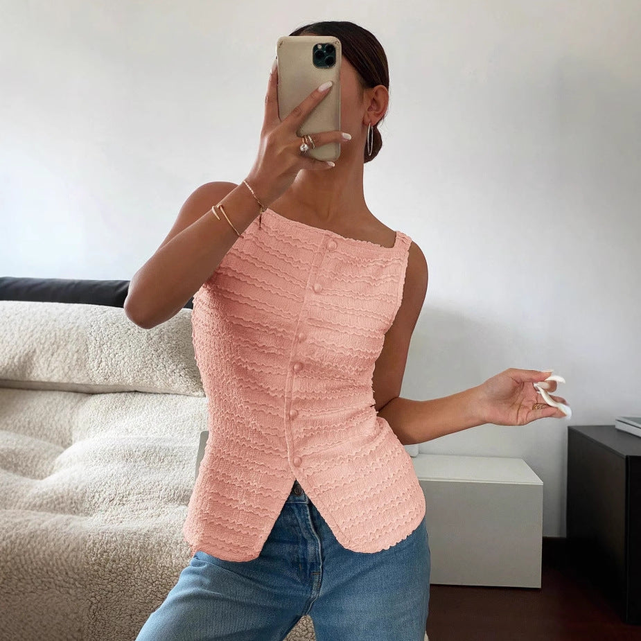 Top de mujer elegante sin mangas, cuello redondo, un solo pecho, chaleco ajustado, color sólido