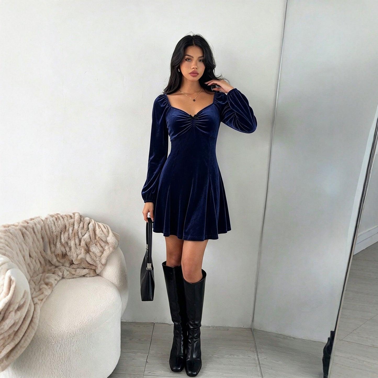 V neck Velvet Women Autumn Winter Puff Sleeve Waist Slimming A line Dress