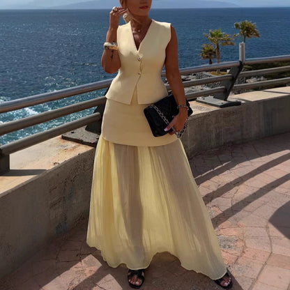 Spring Summer Knitted Stitching Vest Set Casual Vacation Loose Skirt Women - Wanita Store