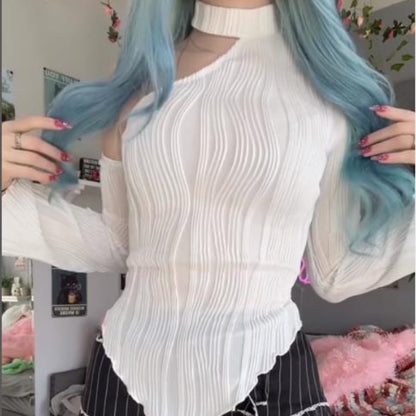 Spring Women Clothing Strip Sexy Street Long Sleeve Diagonal Collar Halterneck T Shirt Women - Wanita Store