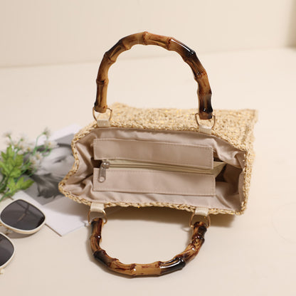 Bamboo Handle Straw Bag Paper String Square Crocheted Women Bag Fresh Casual Woven Bag Beach Bag - Wanita Store