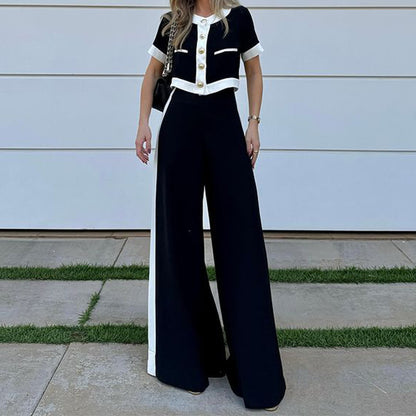 Autumn Winter Women Clothing Office T Shirt Shory Top Straight Leg Pants Suit Two Piece Set - Wanita Store