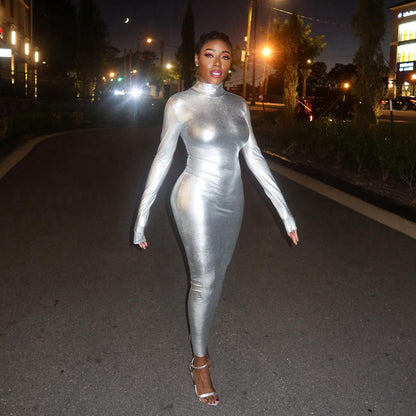 Women Clothing Metallic Coated Fabric Turtleneck Long Sleeve Waist Slimming Sheath Mid Length Dress Women - Wanita Store