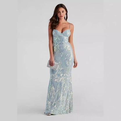 Sexy V neck Sequ Floor Length Evening Dress Elegant Graceful Cocktail Party Formal Dress Women Clothing - Wanita Store