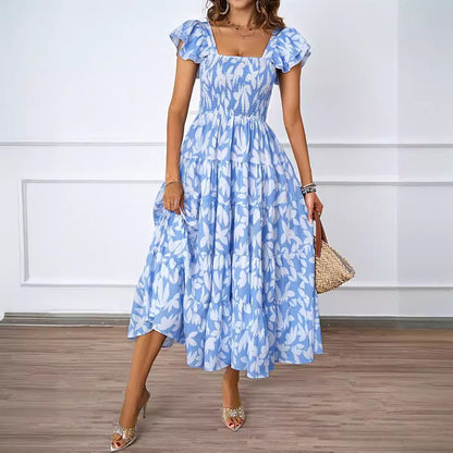 Robe élégante bohème à col carré imprimé, manches plissées et volantées