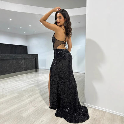 Sequined Split Sexy Sling Dress Waist Controlled Cocktail Dress Slim Fit Maxi Dress - Wanita Store