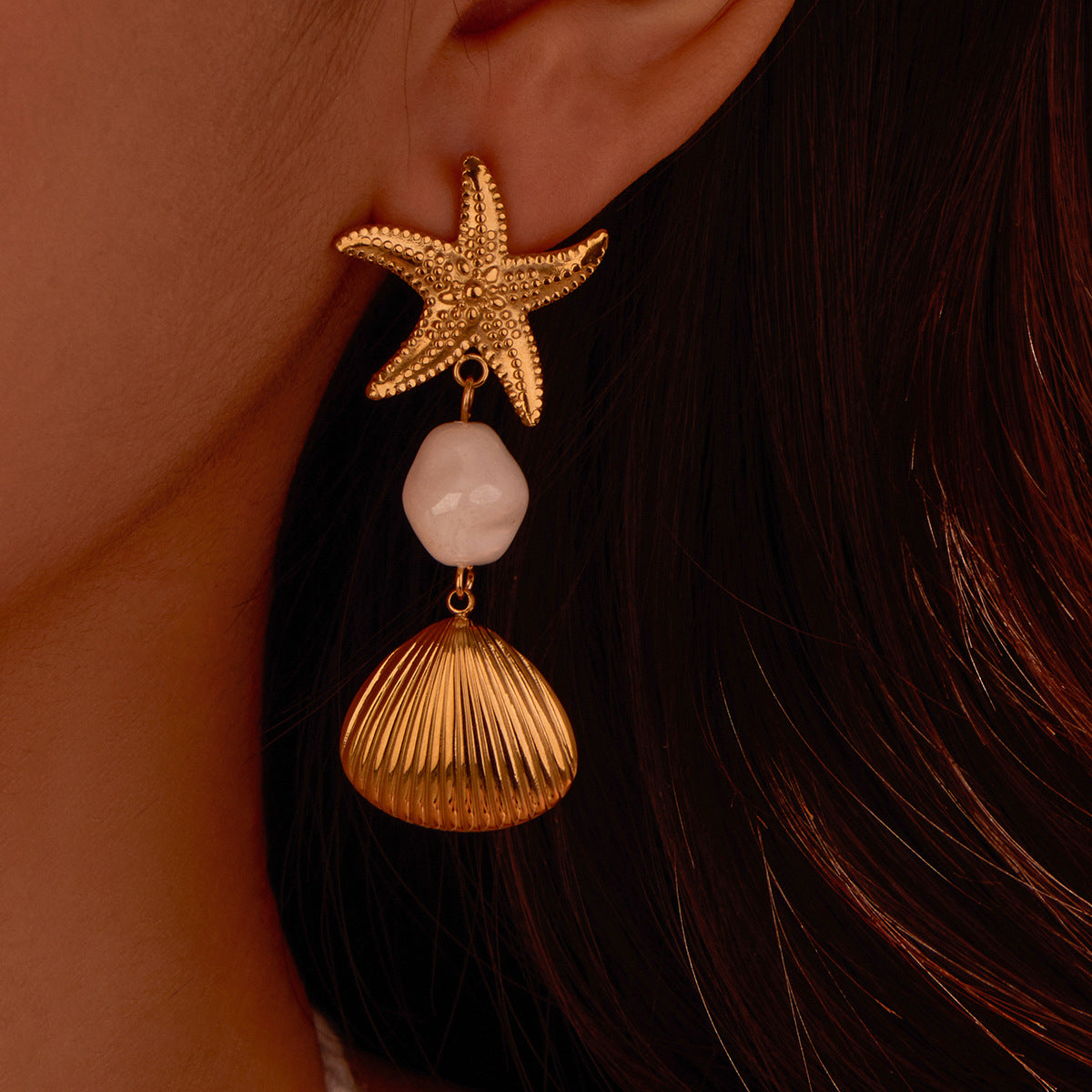 Starfish Embellished Earrings Metal Feeling Beach Earrings Niche Stainless Steel Earrings Women - Wanita Store
