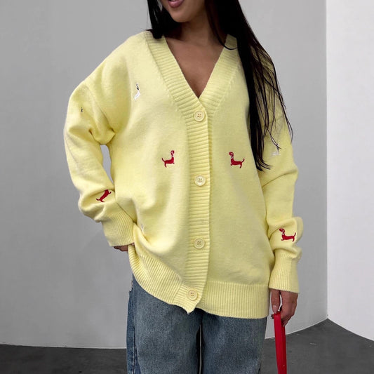 Autumn Winter Sweater Coat Women Long Sleeved Single Breasted Puppy Embroidery Loose Casual Knitted Cardigan