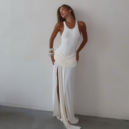Summer Elegance Split Pleated Dress Sexy Sleeveless Solid Color Mop Dress - Wanita Store