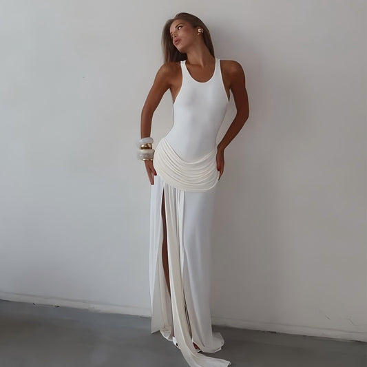 Summer Elegance Split Pleated Dress Sexy Sleeveless Solid Color Mop Dress