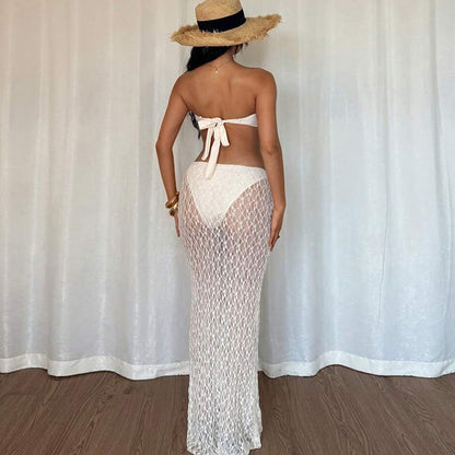 Summer Women Clothing Solid Color Sexy Lace up Tube Top Lace Maxi Skirt Two Piece Set for Women - Wanita Store